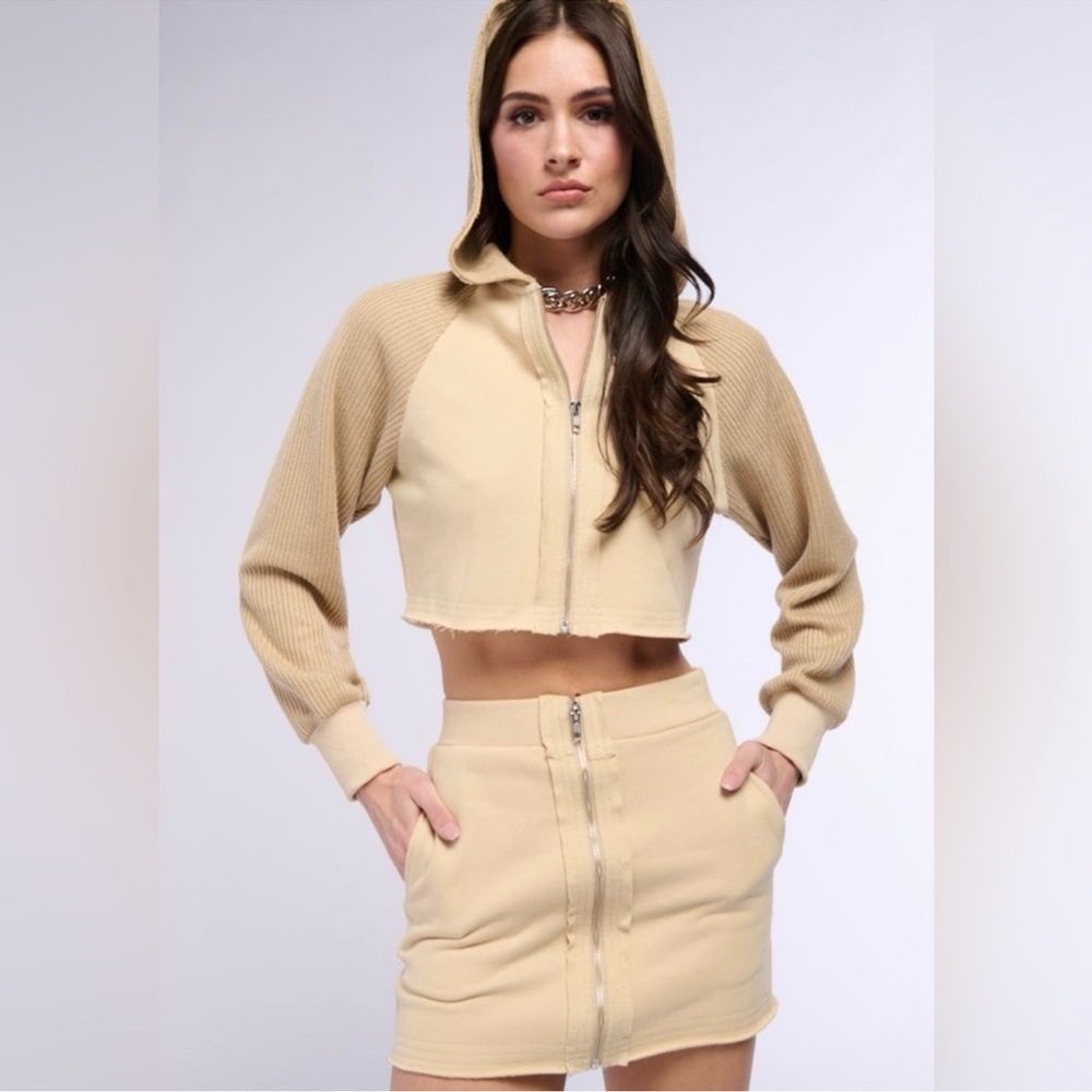 AKIRA Beige/Cream Hooded Crop Jacket and Zip-Front Mini Skirt Set